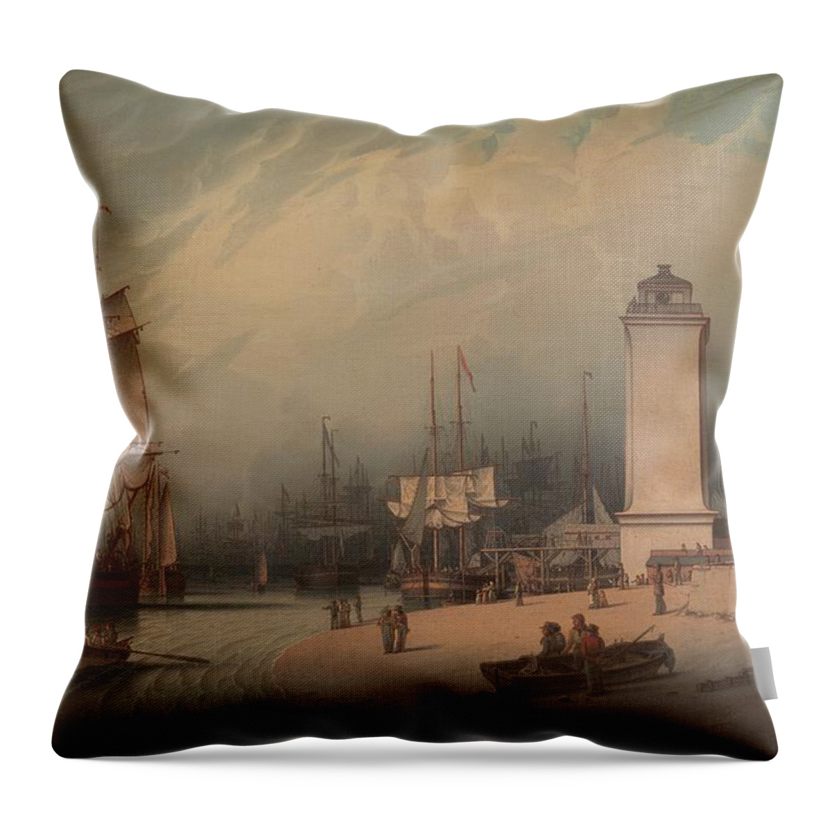 The Low Lighthouse Throw Pillow featuring the painting The Low Lighthouse, North Shields by Robert Salmon, 1828. by Celestial Images