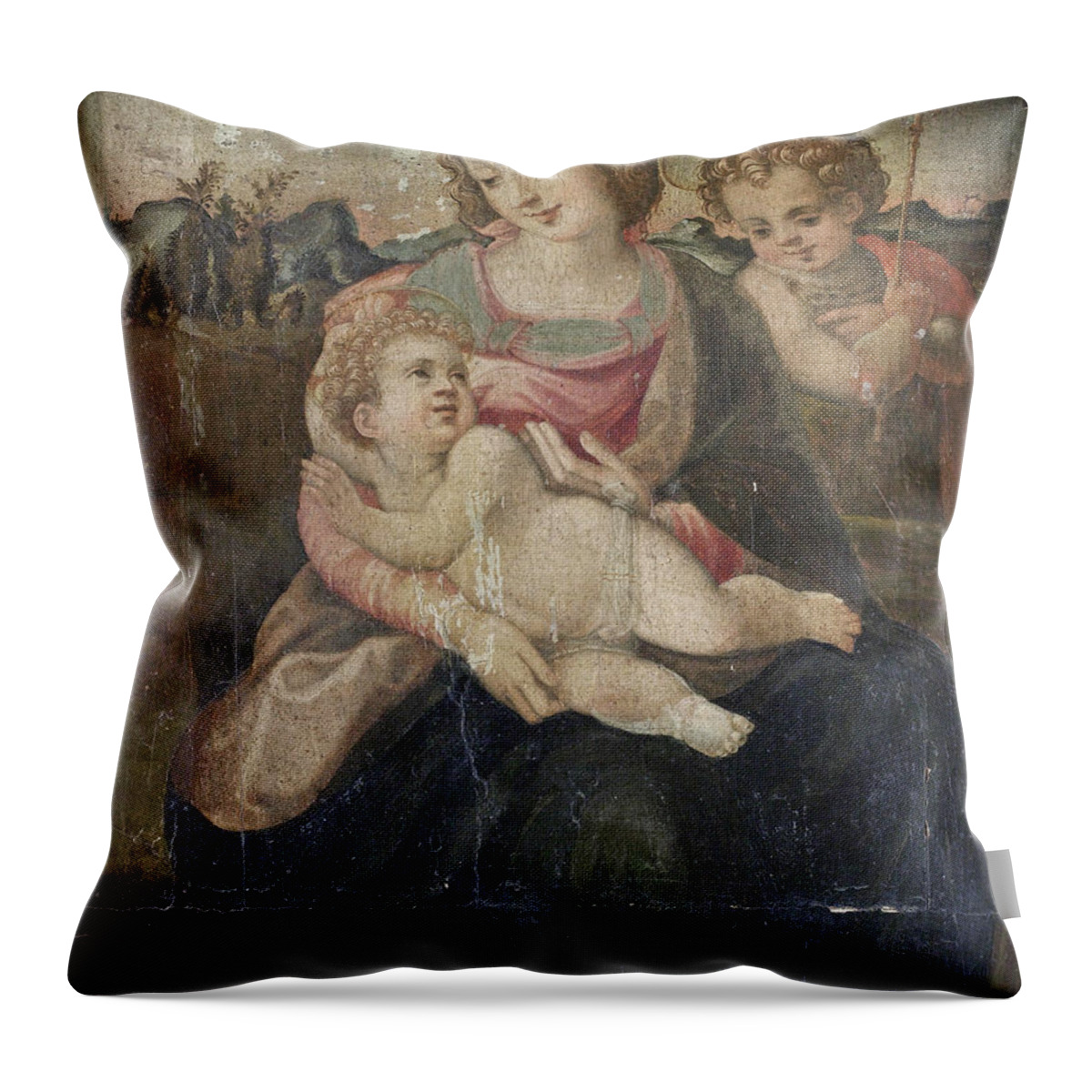 Circle Of Francesco Del Brina Throw Pillow featuring the painting The Madonna and Child with the Infant Saint John the Baptist before an open landscape by Circle of Francesco del Brina