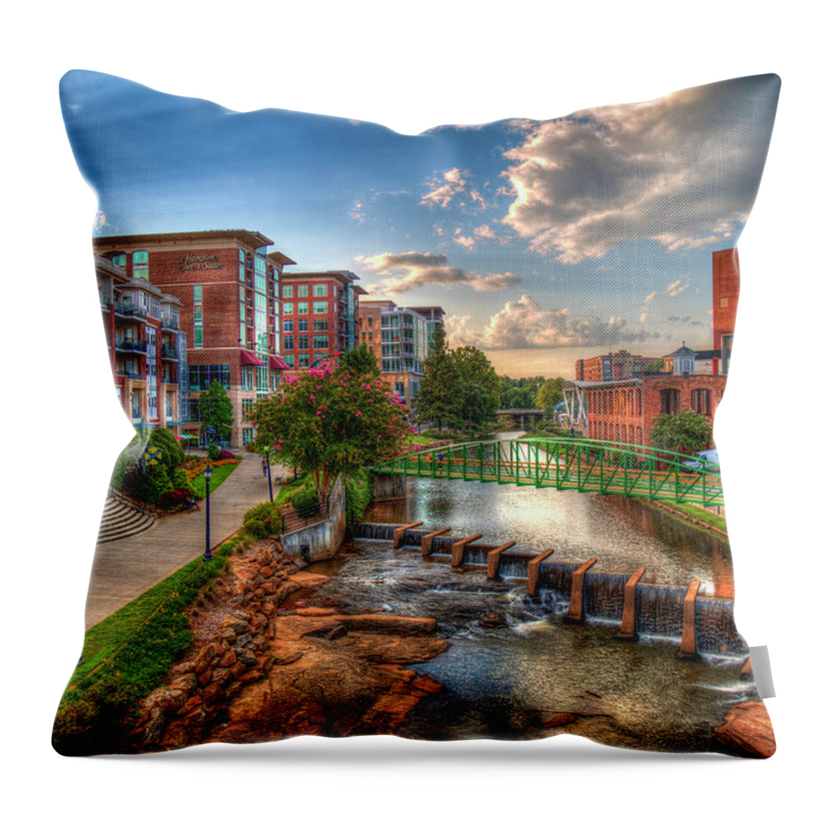 Reid Callaway The Main Attraction Throw Pillow featuring the photograph Greenville SC The Main Attraction Reedy River Falls Park Architectural Cityscape Art by Reid Callaway