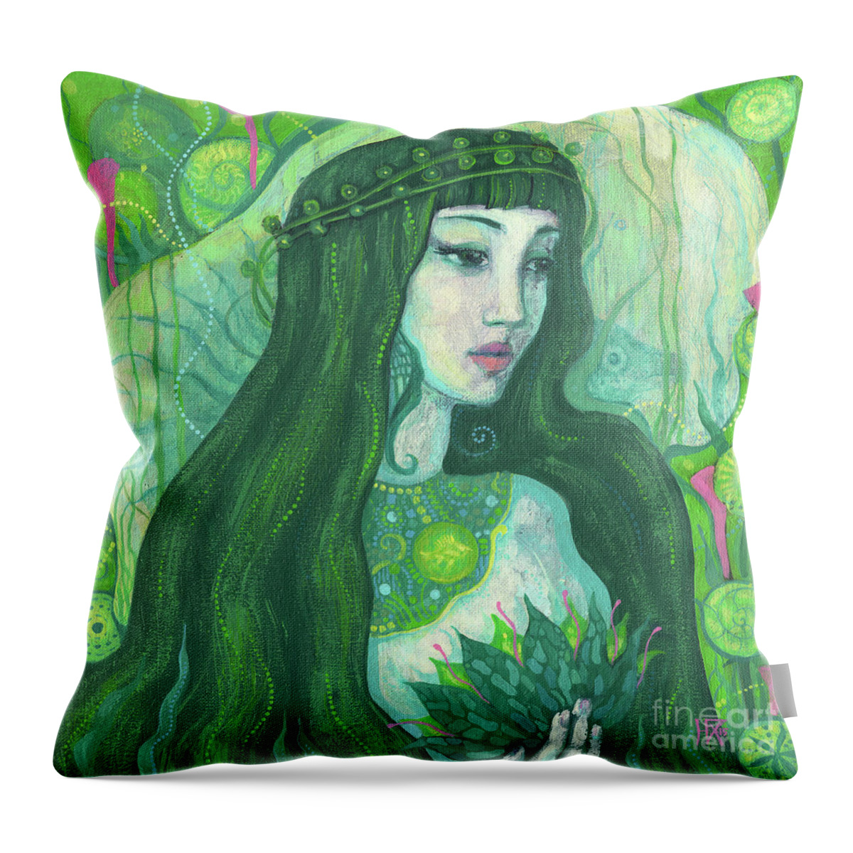 Undine Throw Pillow featuring the painting Green Mermaid, Imaginary Portrait, Fantasy Art by Julia Khoroshikh