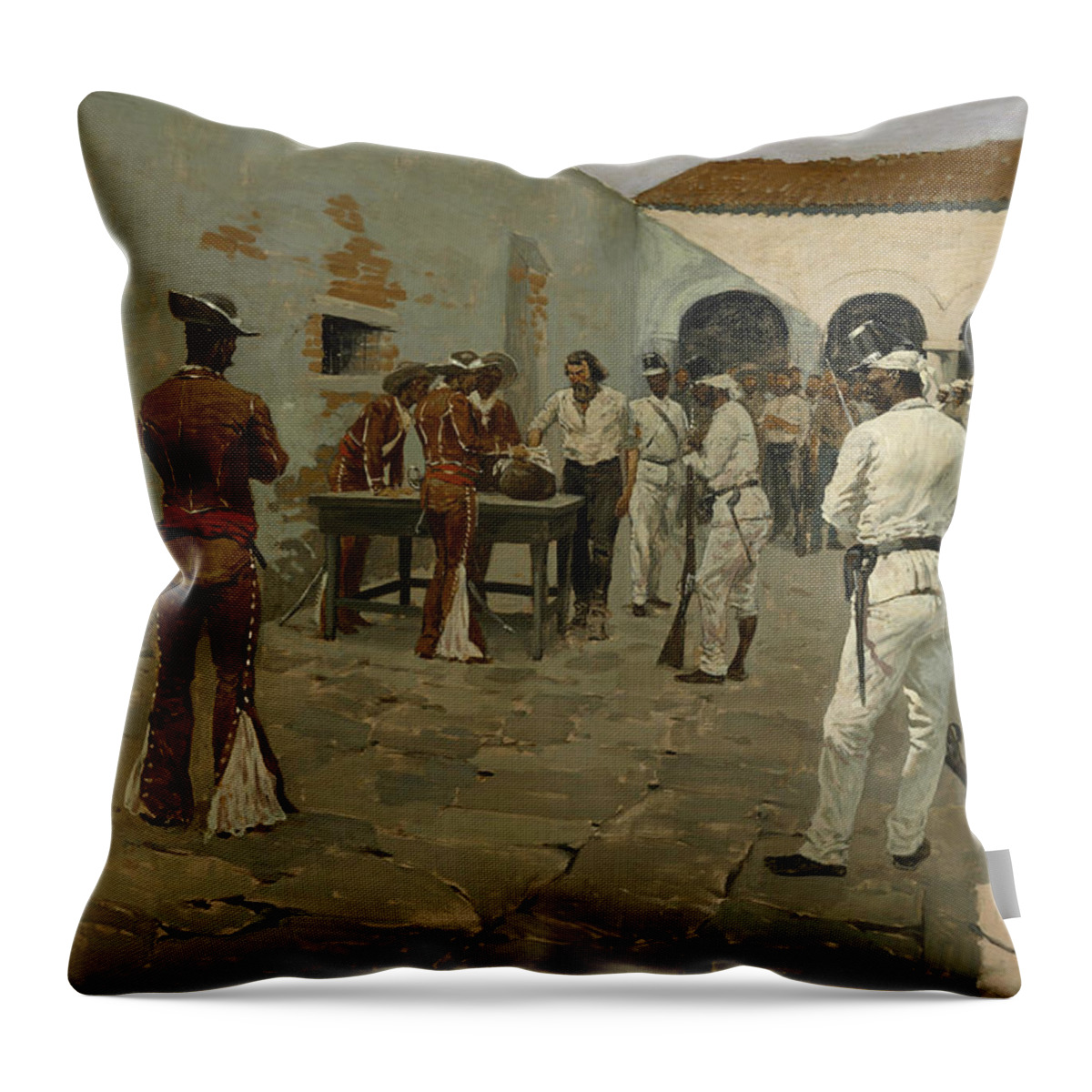 Frederic Remington Throw Pillow featuring the painting The Mier Expedition The Drawing of the Black Bean by Frederic Remington