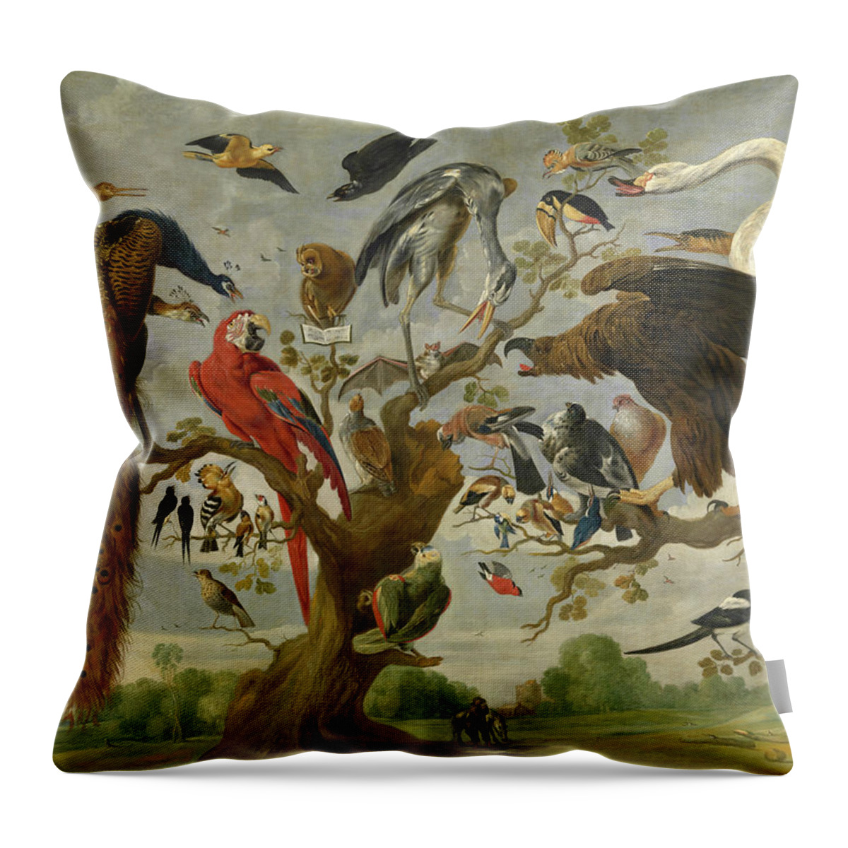 Owl Throw Pillow featuring the painting The Mockery Of The Owl by Jan van Kessel