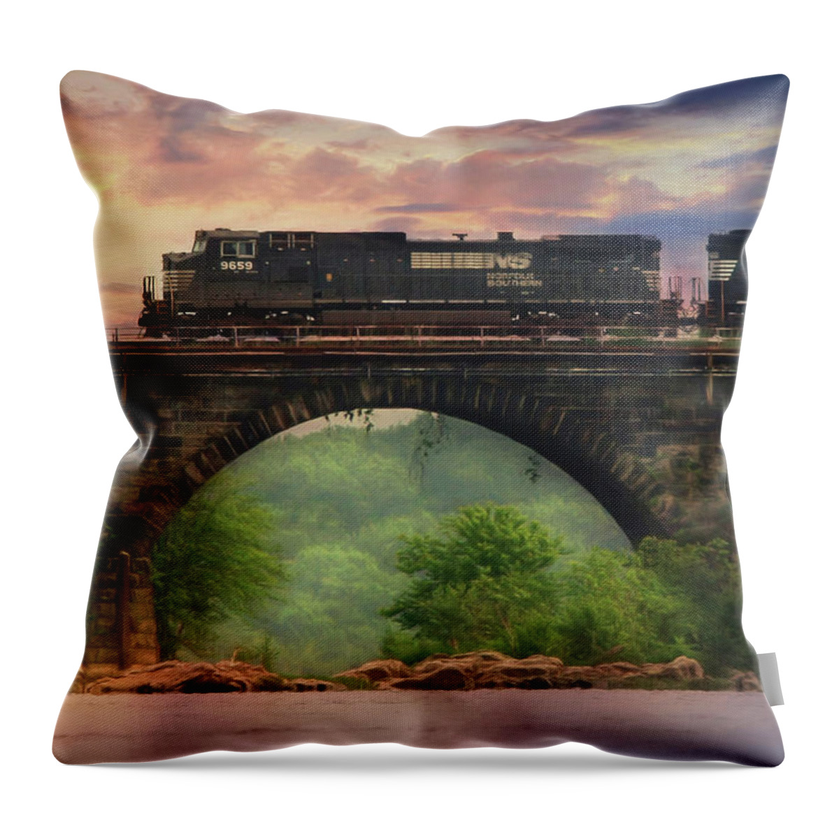 Rockville Bridge Throw Pillow featuring the photograph The Morning Run by Lori Deiter