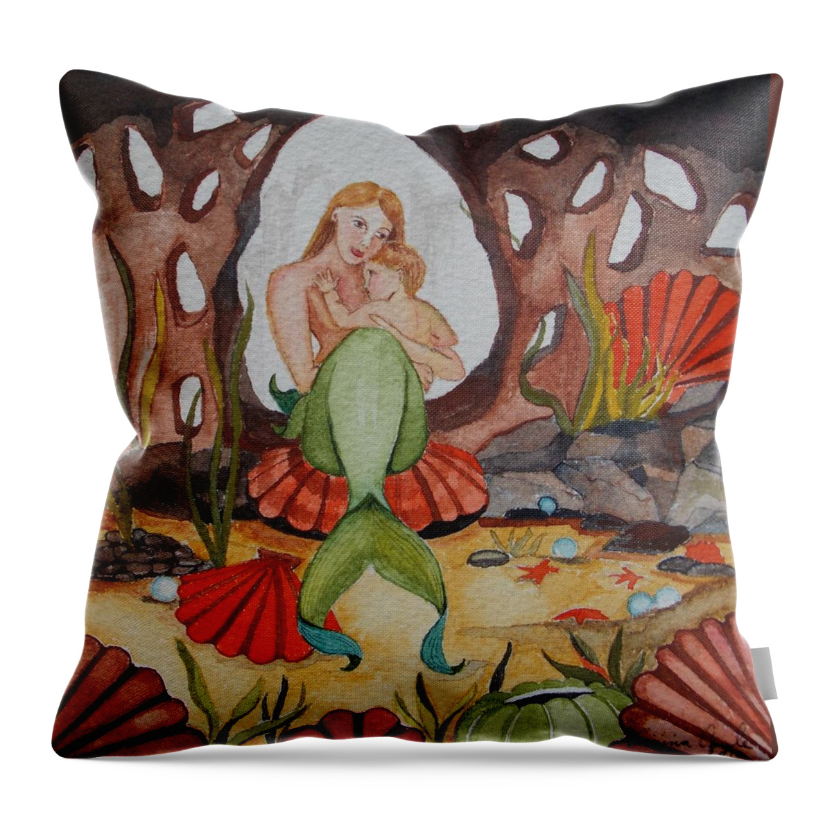 Mermaid Throw Pillow featuring the painting The Most Precious Treasure by Virginia Coyle