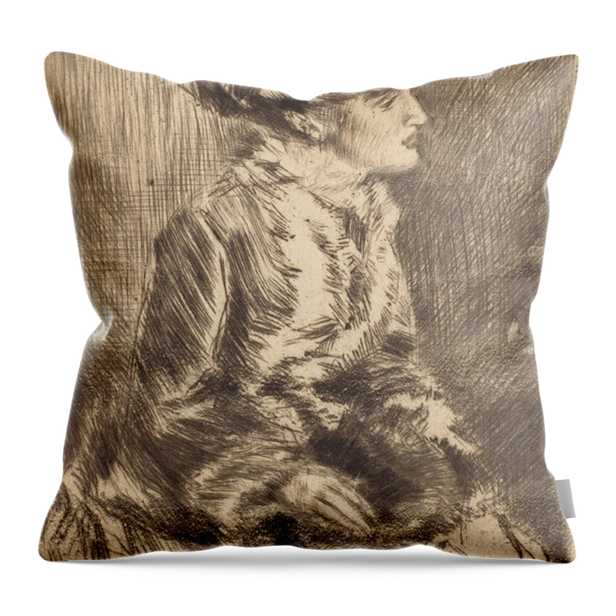  Throw Pillow featuring the drawing The Muff by James Mcneill Whistler