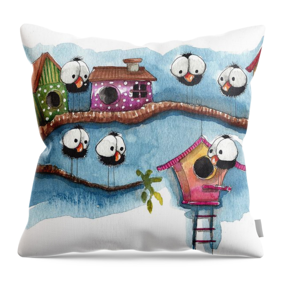 Whimsical Bird Throw Pillow featuring the painting The New Neighbor by Lucia Stewart