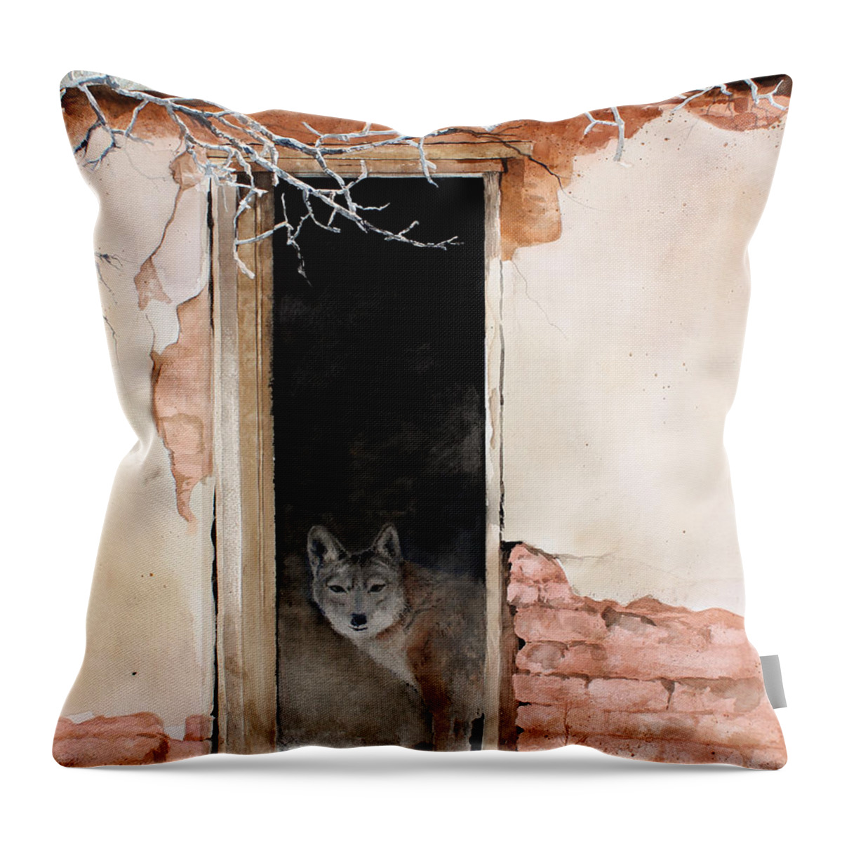 A Coyote Stands Inside The Doorway Of An Abandon Dwelling In A Deserted Town In New Mexico. Throw Pillow featuring the painting The New Tenent by Monte Toon