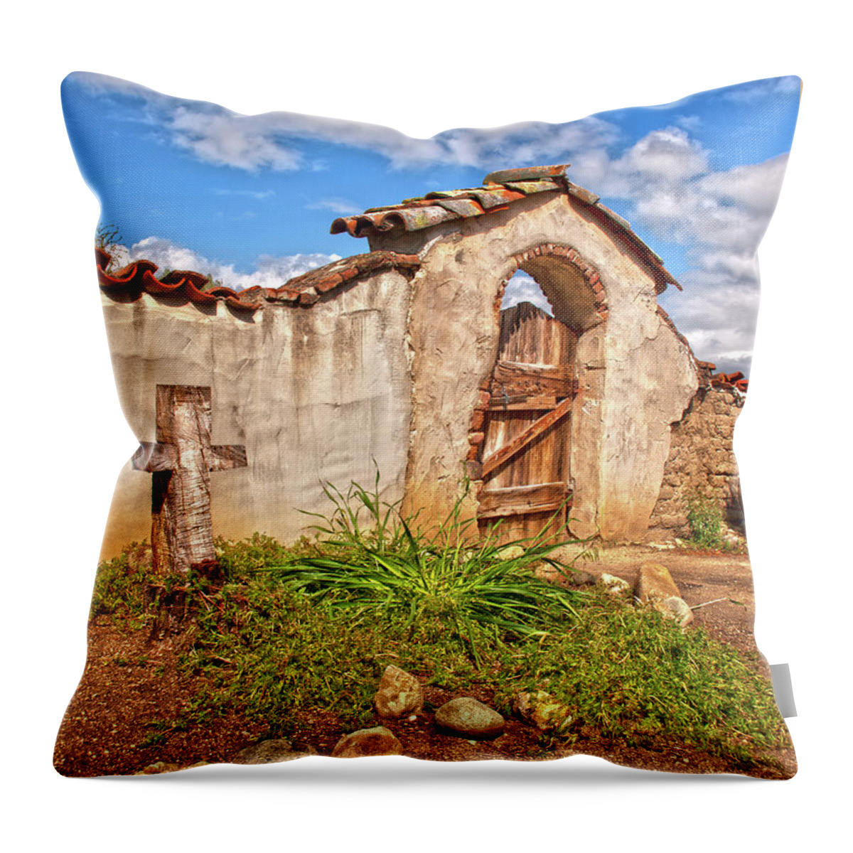 California Missions Throw Pillow featuring the photograph The North Gate - Mission San Miguel Arcangel, California by Denise Strahm