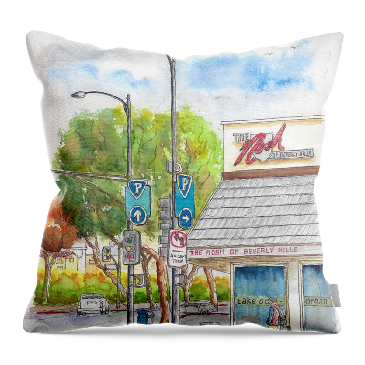 The Nosh Of Beverly Hills Throw Pillow featuring the painting The Nosh of Beverly Hills, Little Santa Monica and Roxbury, Beverly Hills, California by Carlos G Groppa