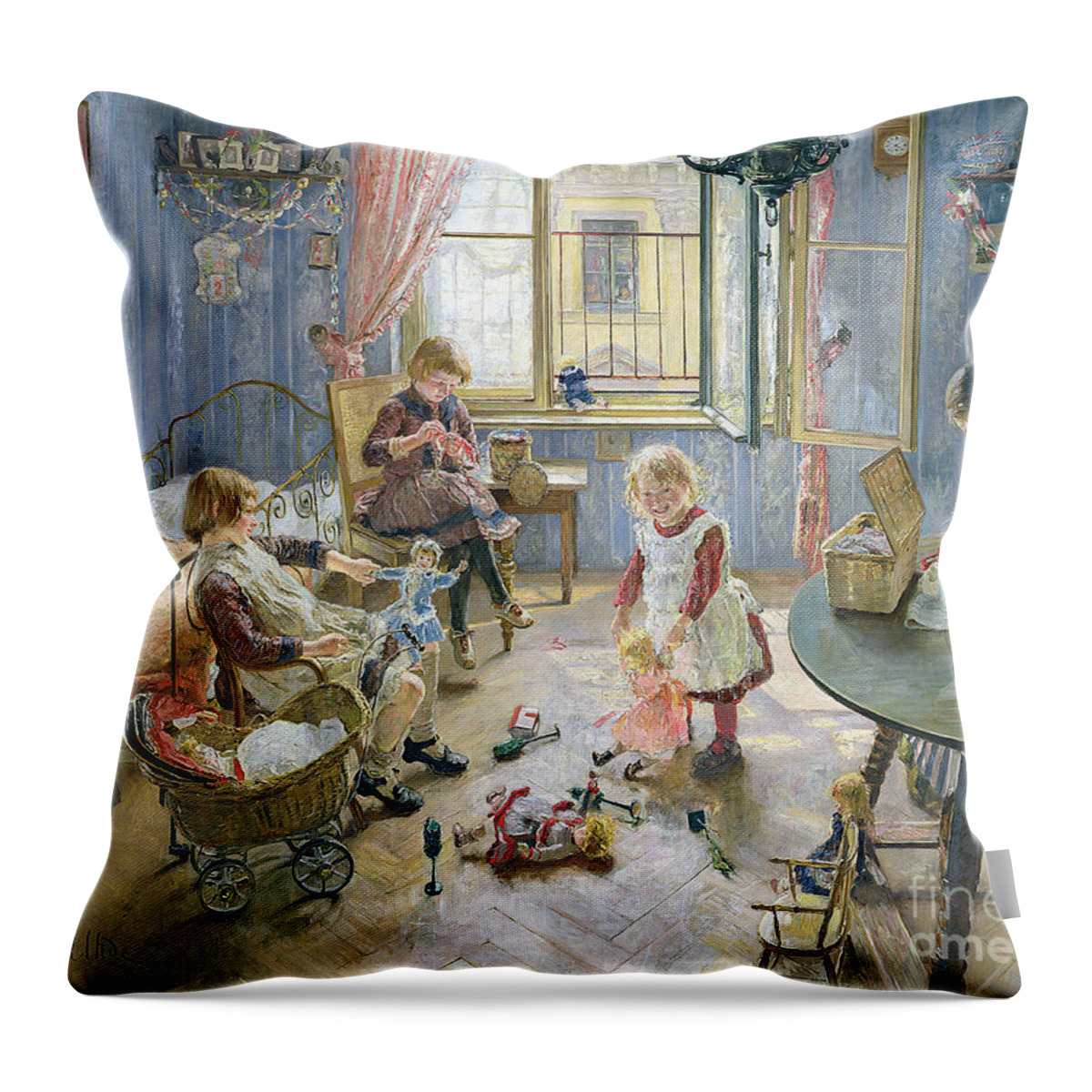 The Throw Pillow featuring the painting The Nursery by Fritz von Uhde