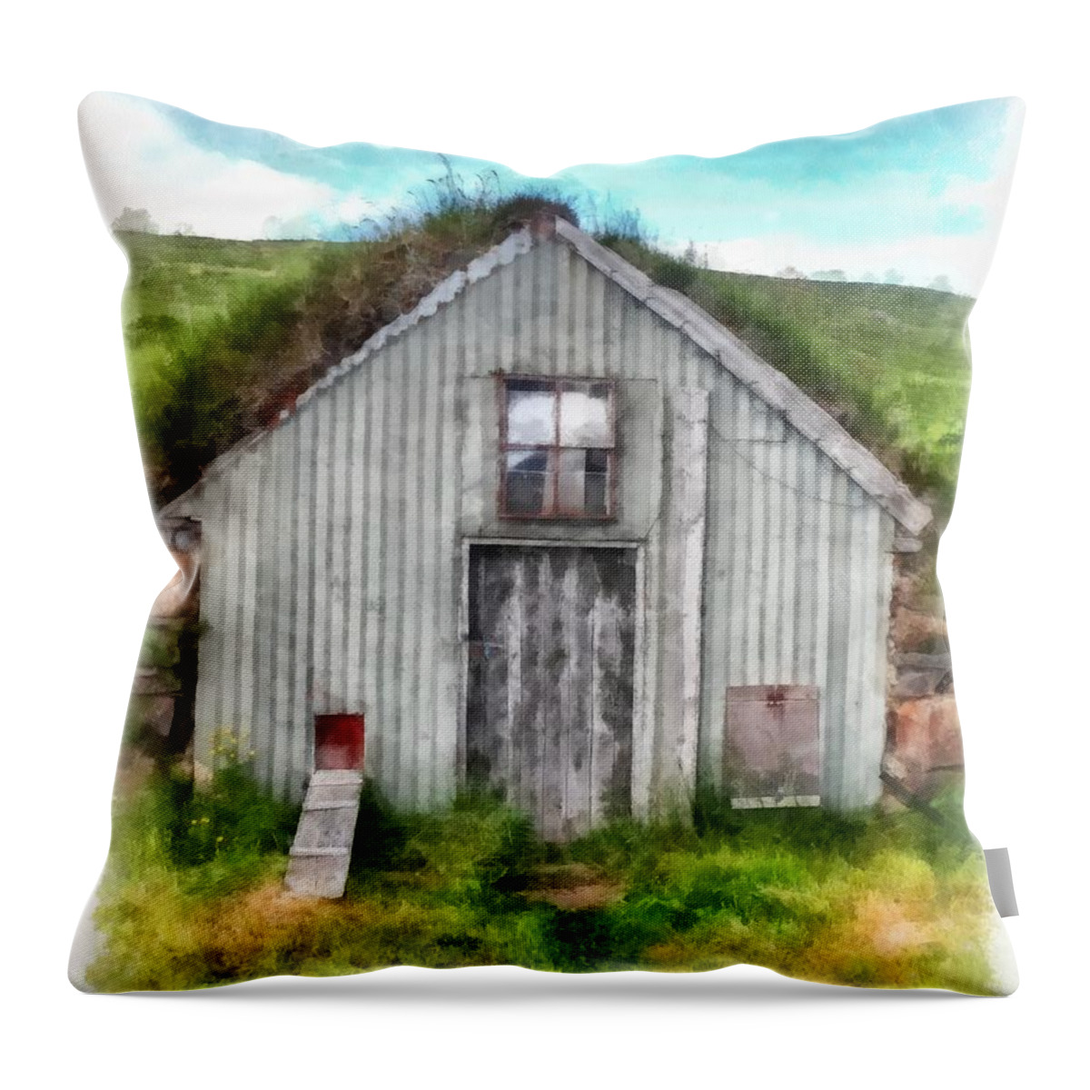 Iceland Throw Pillow featuring the painting The Old Chicken Coop Iceland Turf Barn by Edward Fielding