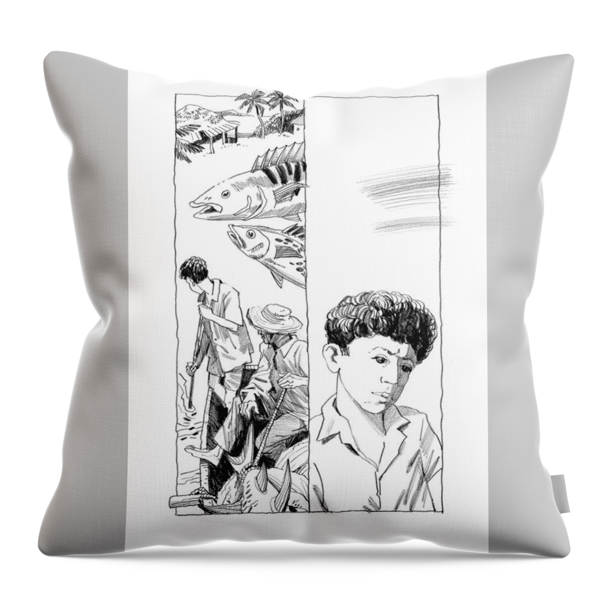 Ernest Hemingway Throw Pillow featuring the drawing The Old Man and the Sea. Illustration by Igor Sakurov