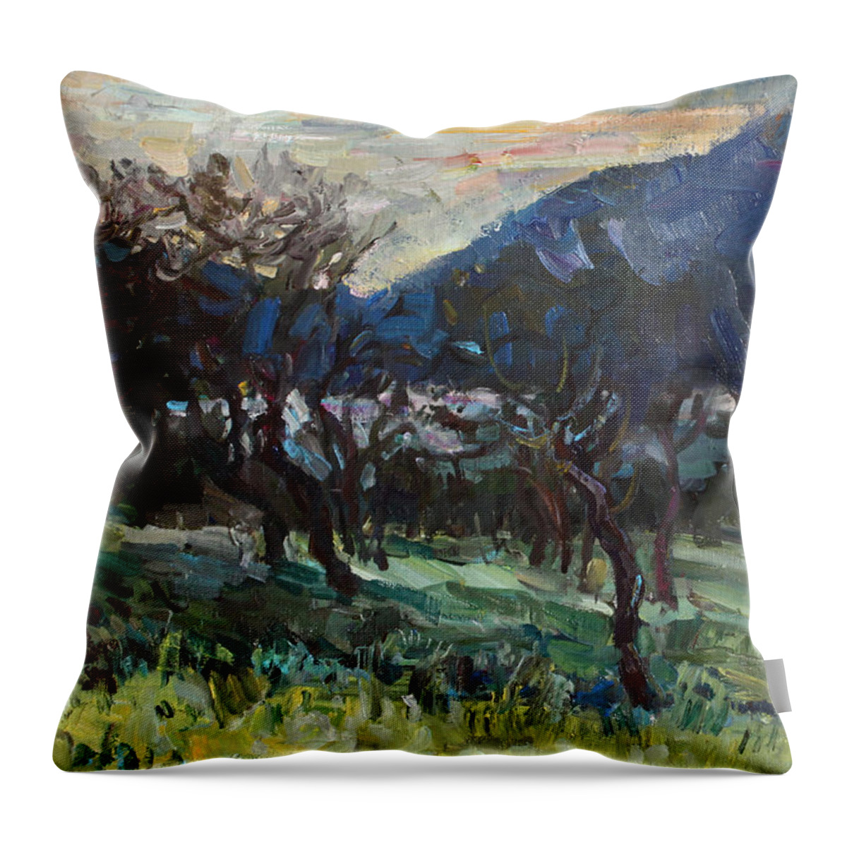 Landscape Throw Pillow featuring the painting The old olive trees by Juliya Zhukova
