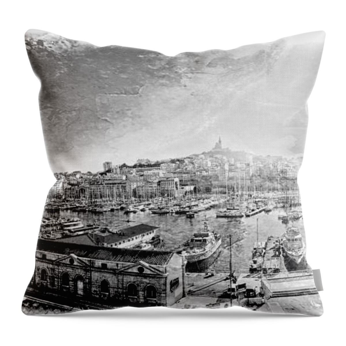 The Old Port Of Marseille Throw Pillow featuring the photograph The Old Port of Marseille , Black and White by Jean Francois Gil