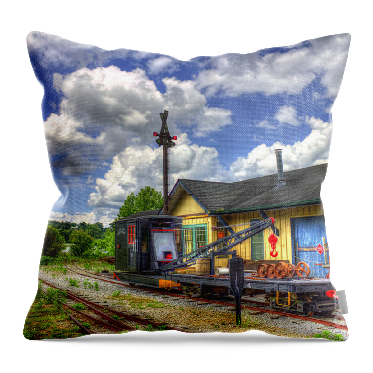 Reid Callaway Train And Track Throw Pillow featuring the photograph The Old Train Station and Water Tower by Reid Callaway