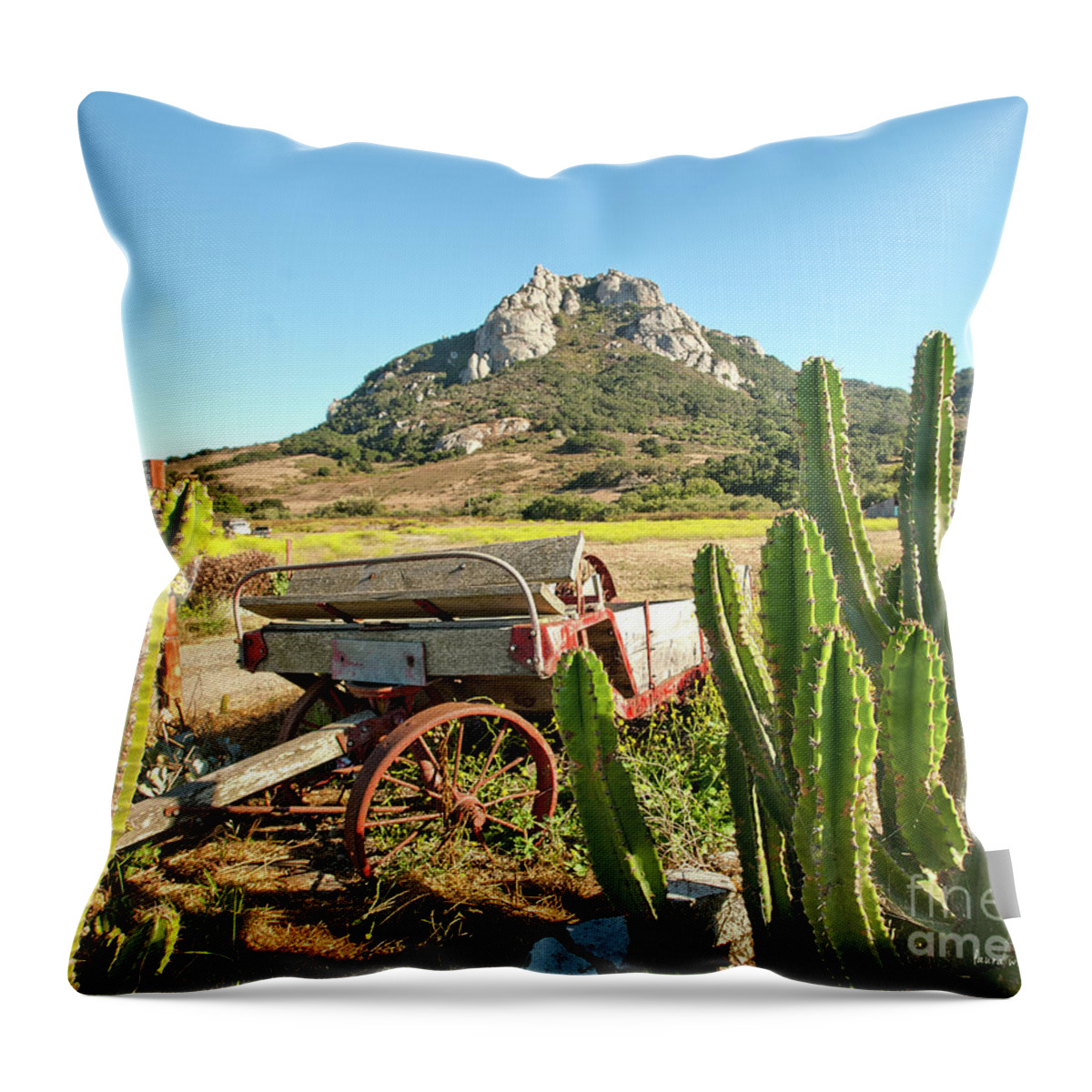 Old Wagon Throw Pillow featuring the photograph The Old Wagon and Cactus patch in front of one of the Seven Sisters in San Luis Obispo California by Artist and Photographer Laura Wrede
