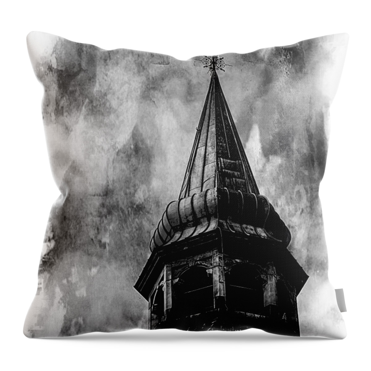 Black And White Photograph Throw Pillow featuring the photograph The Olde Tower by Karen McKenzie McAdoo