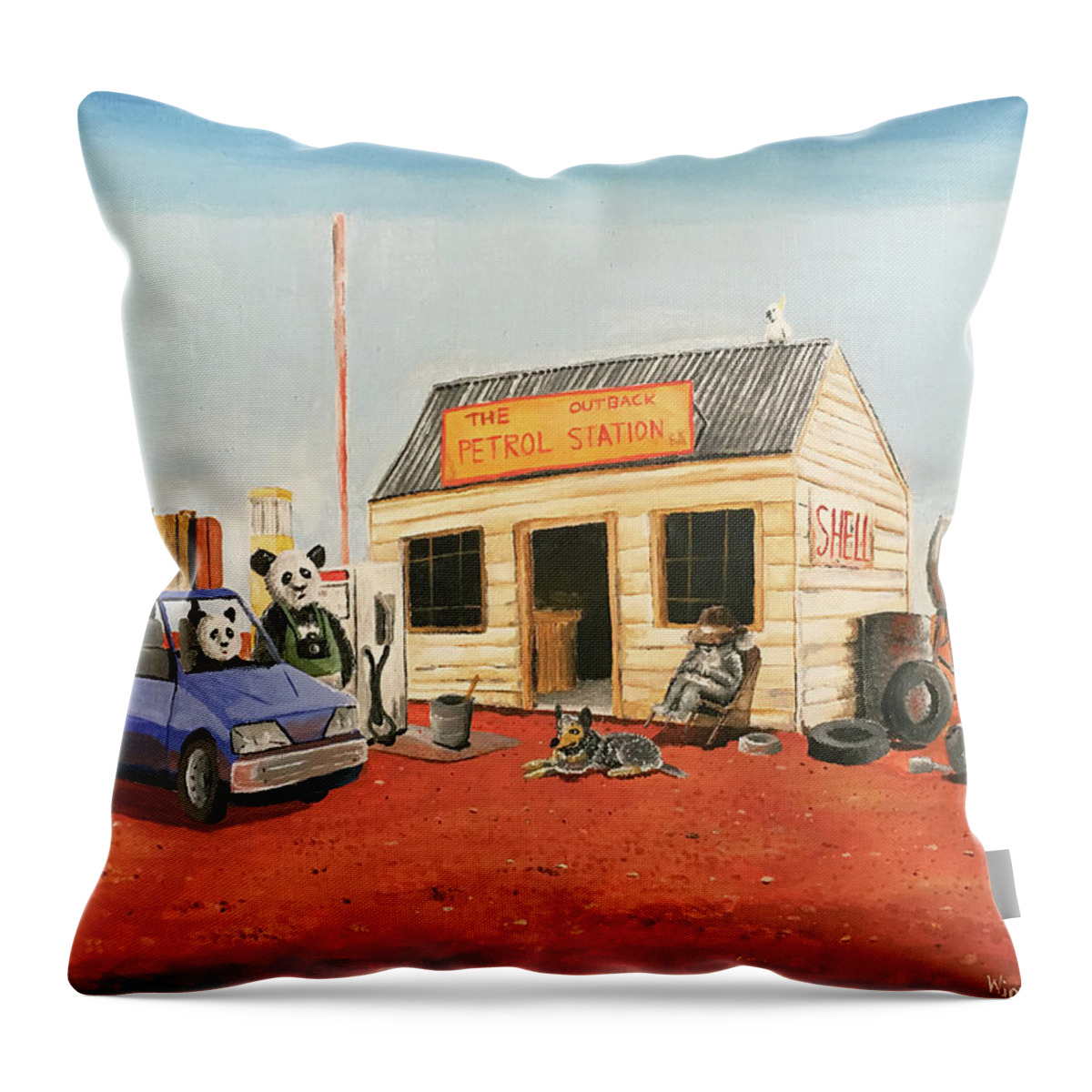 Outback Petrol Station Throw Pillow featuring the painting The Outback Petrol Station by Winton Bochanowicz