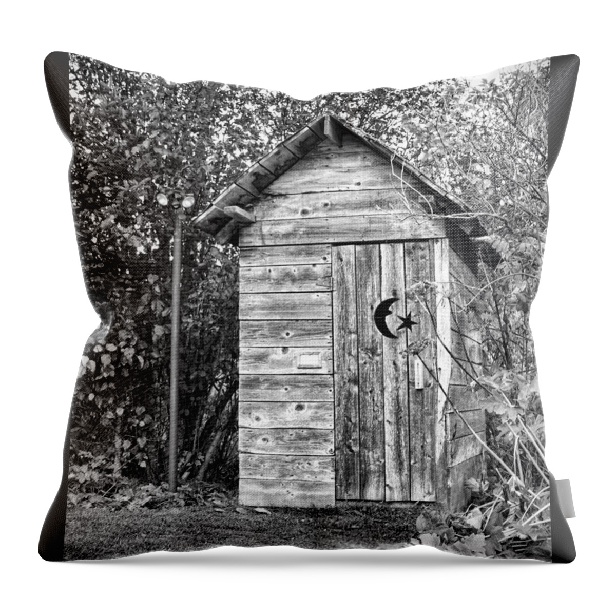 The Outhouse Bw Throw Pillow featuring the photograph The Outhouse BW by Phyllis Taylor
