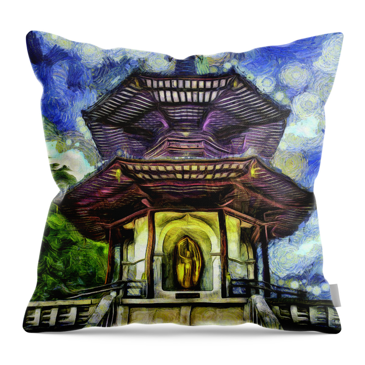 Vincent Van Gogh Throw Pillow featuring the mixed media The Pagoda Van Gogh by David Pyatt