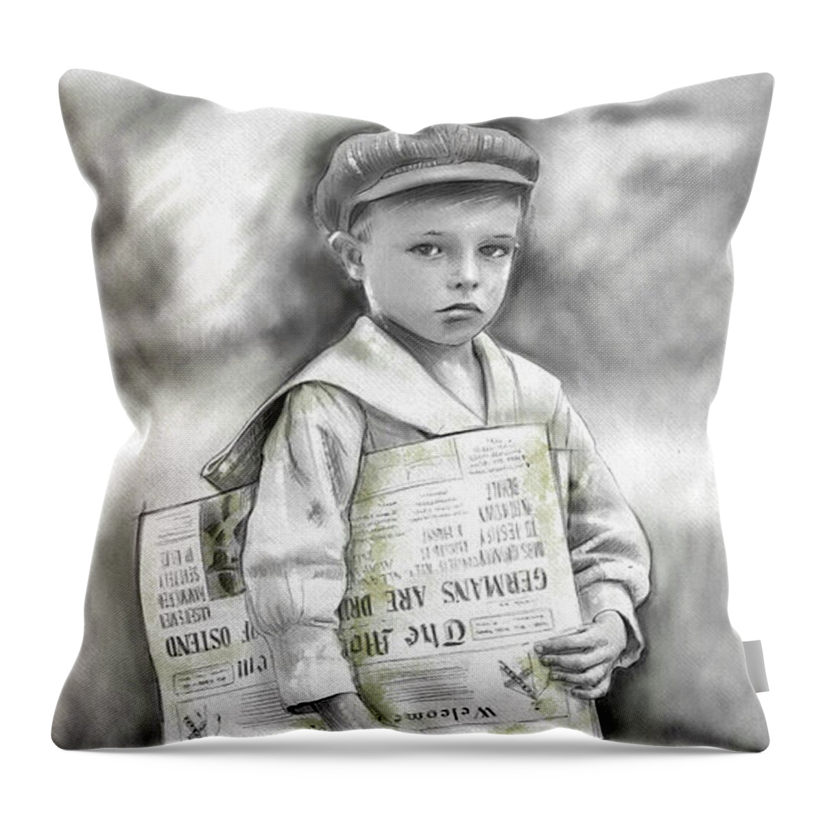 World War 2 Throw Pillow featuring the mixed media World War 2 Paperboy by Mark Tonelli