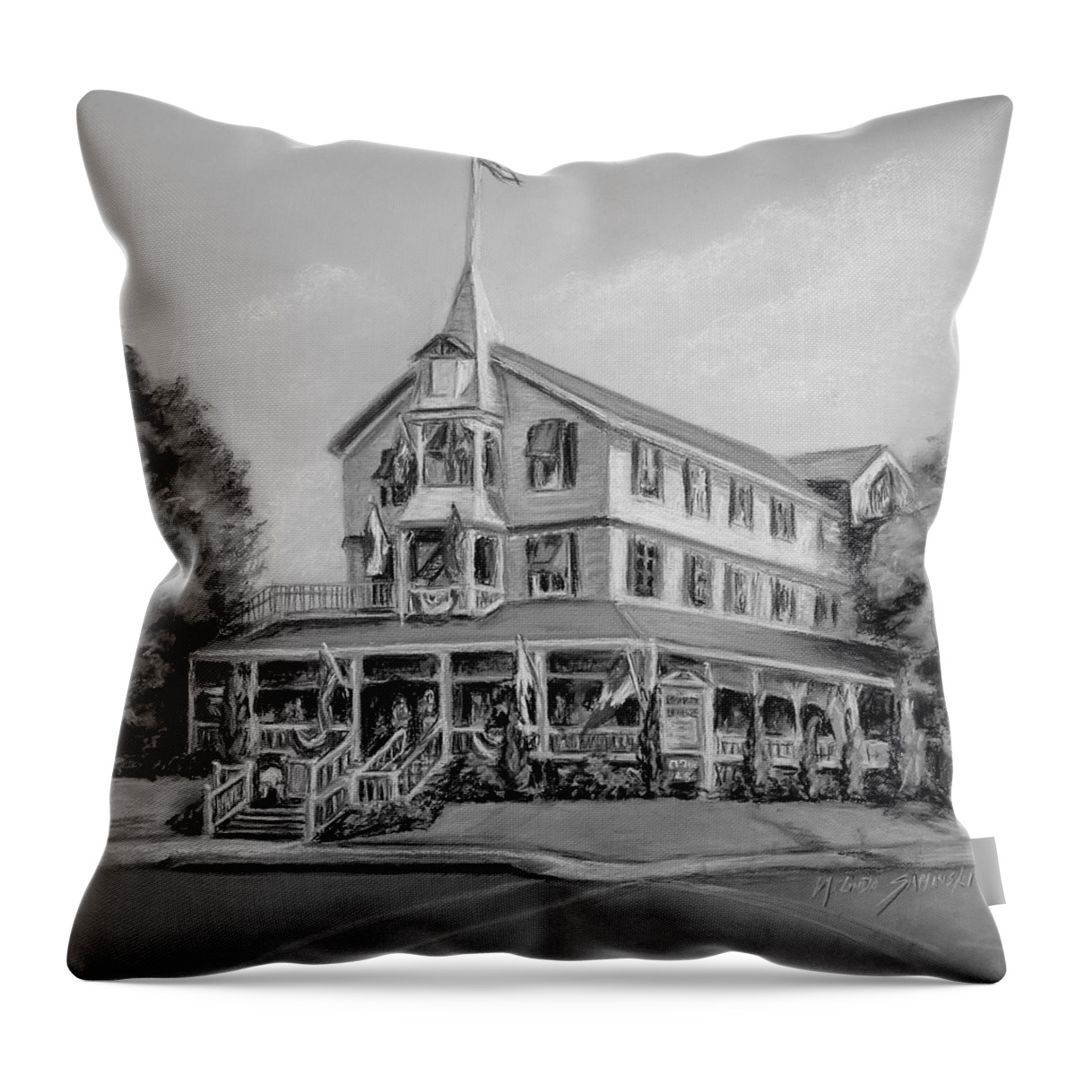 Parker House Throw Pillow featuring the pastel The Parker House Black and White by Melinda Saminski