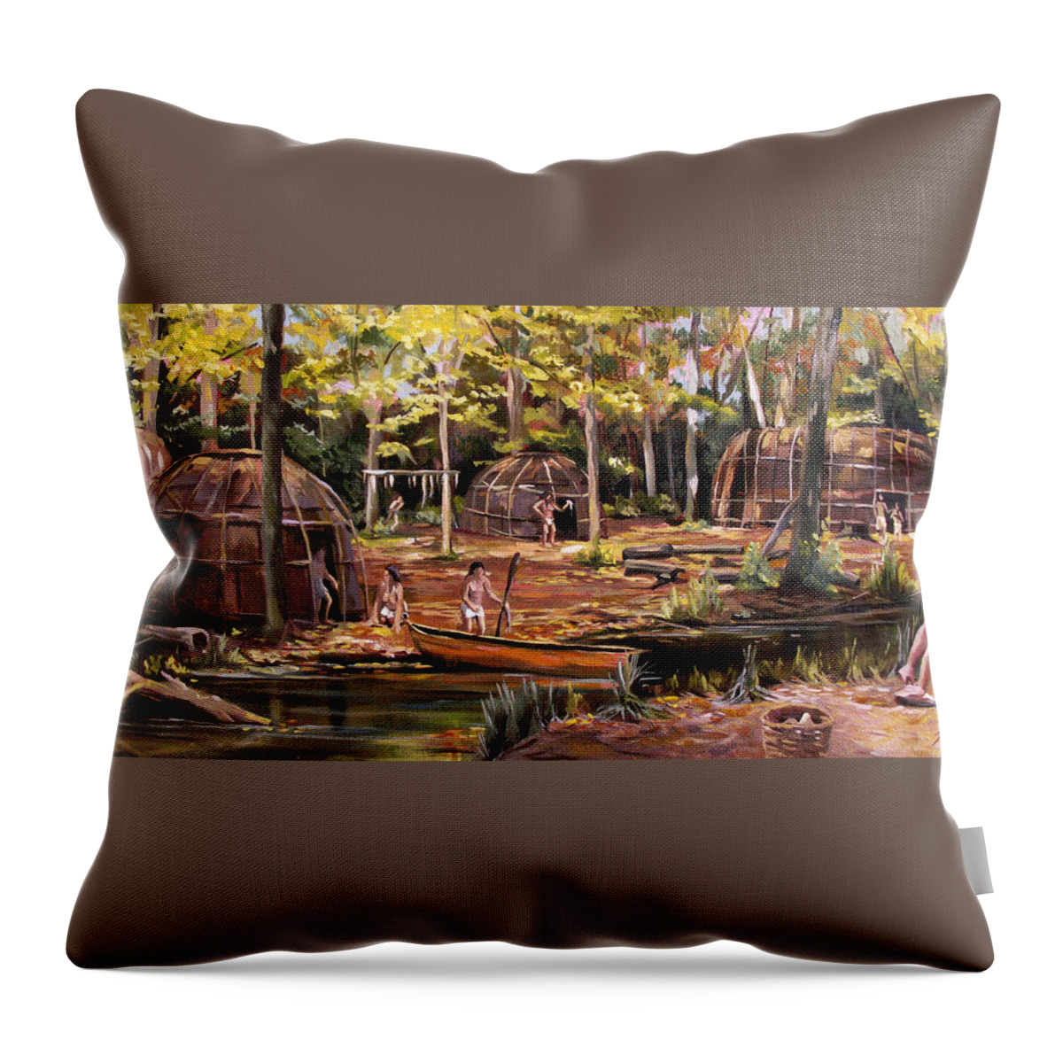 Institute Of American Indian Throw Pillow featuring the painting The Pequots by Nancy Griswold