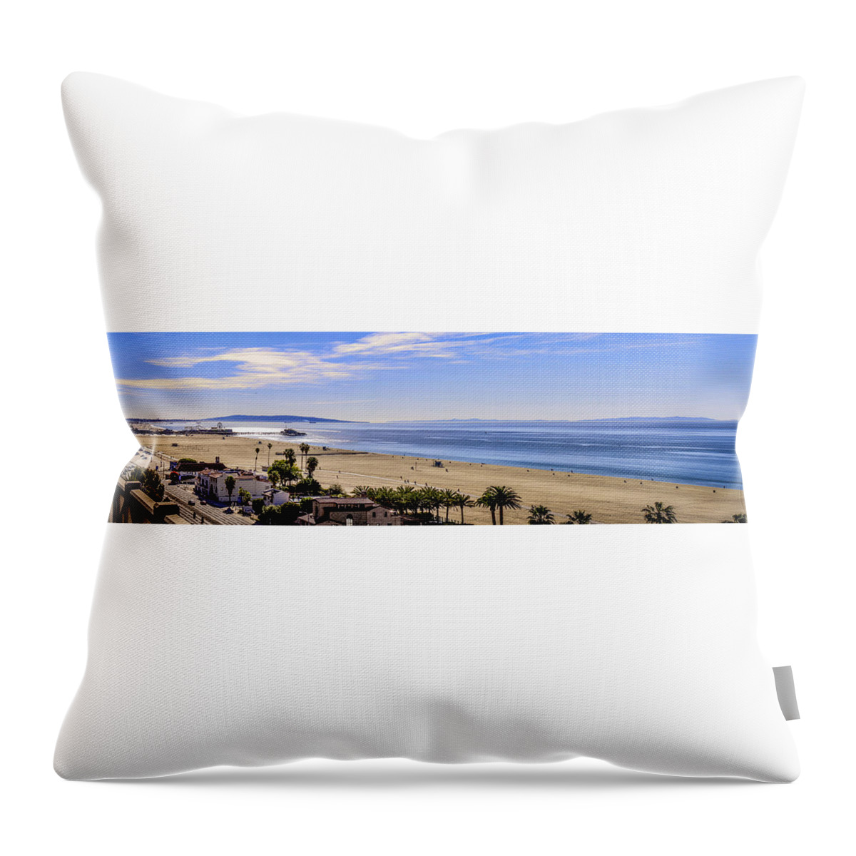 Santa Monica Bay Panorama Throw Pillow featuring the photograph The Pier and Catalina Island - Panorama by Gene Parks