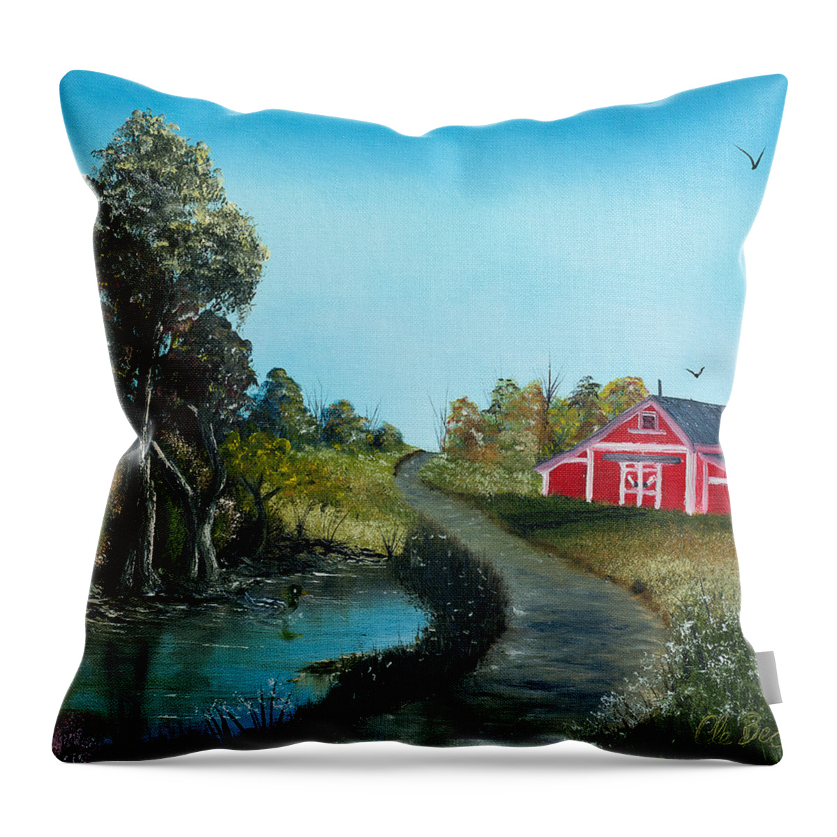 Pond Throw Pillow featuring the painting The Pond By The Red Barn by Claude Beaulac