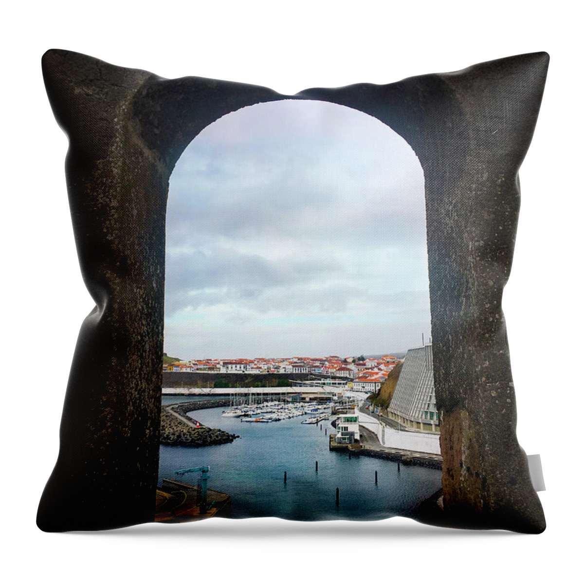 Kelly Hazel Throw Pillow featuring the photograph The Port of Angra do Heroismo from a window in Forte de Sao Sebastiao by Kelly Hazel