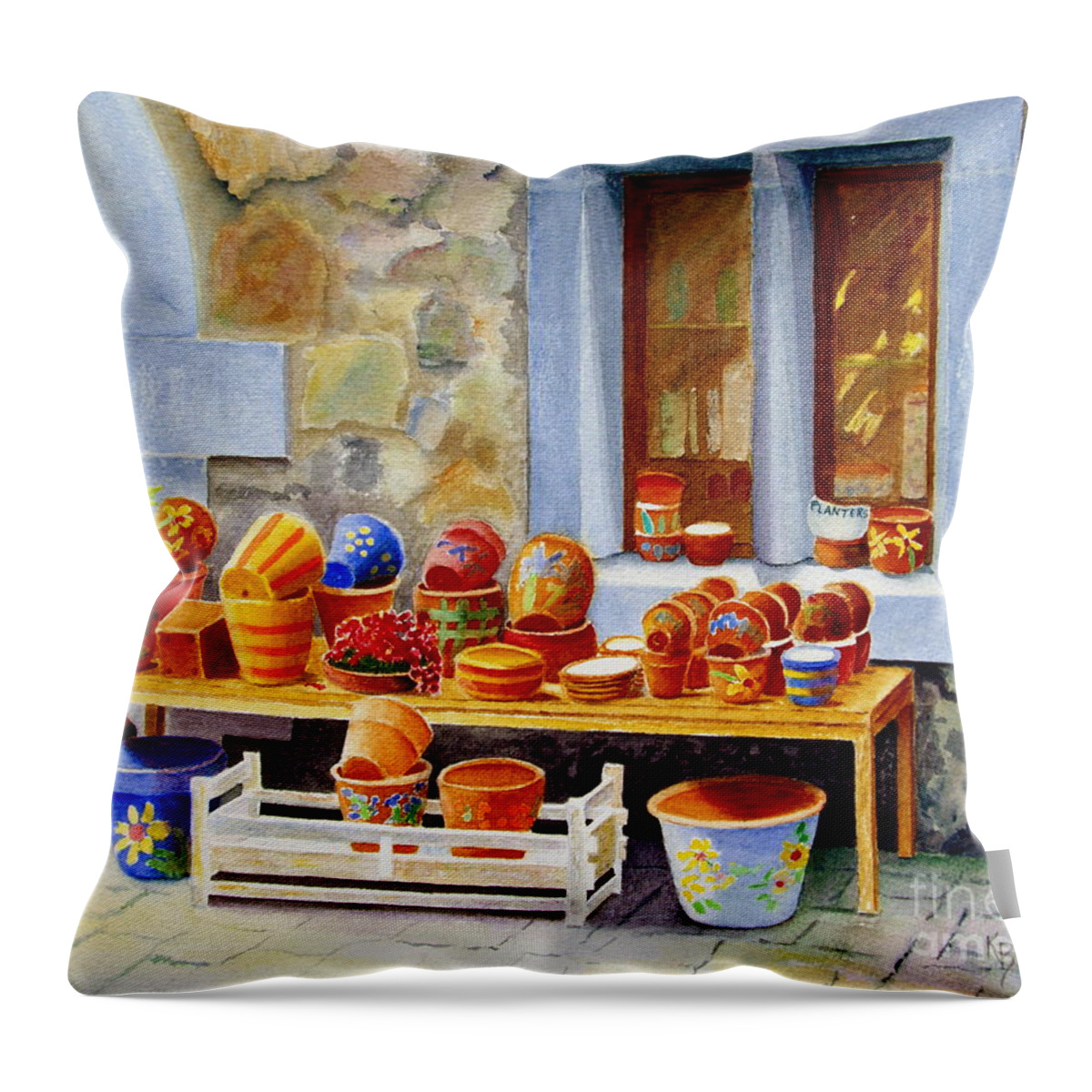Shop Throw Pillow featuring the painting The Pottery Shop by Karen Fleschler