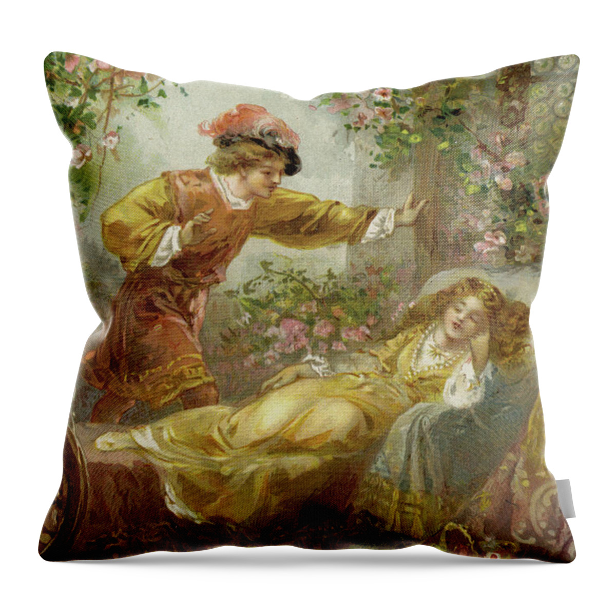 Sleeping Beauty Throw Pillow featuring the painting The Prince finds the Sleeping Beauty by English School