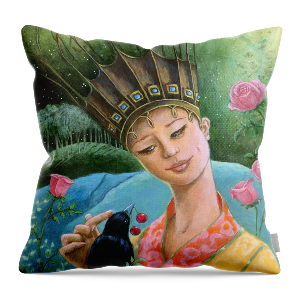 Crow Throw Pillow featuring the painting The Princess and the Crow by Terry Webb Harshman