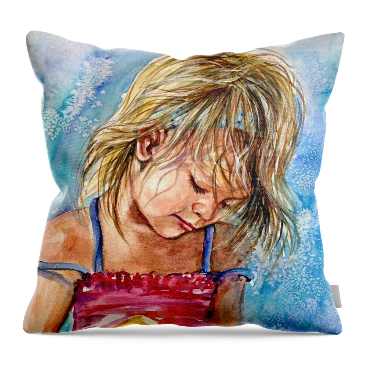 A Girl Throw Pillow featuring the painting The princess of the sand castle by Katerina Kovatcheva