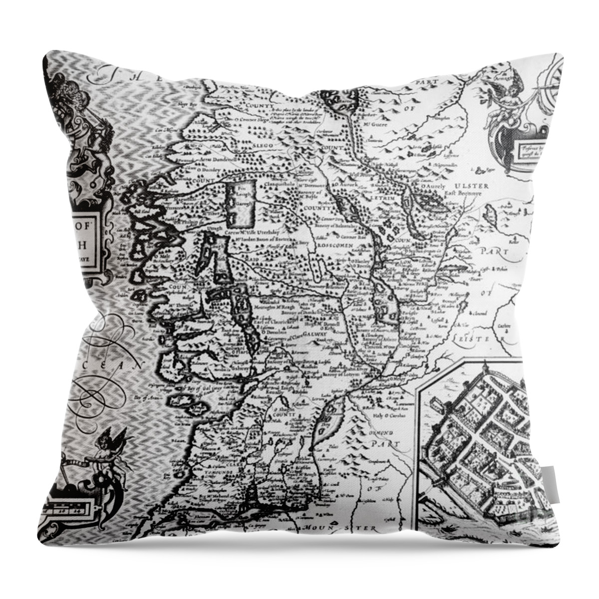 Galway Throw Pillow featuring the drawing The Province of Connaught with the City of Galway by Jodocus Hondius