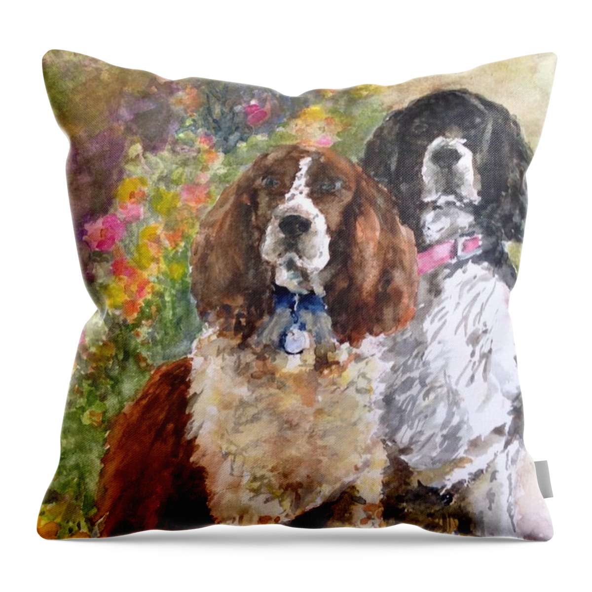 Springer Spaniels Throw Pillow featuring the painting The Puppies by Cheryl Wallace