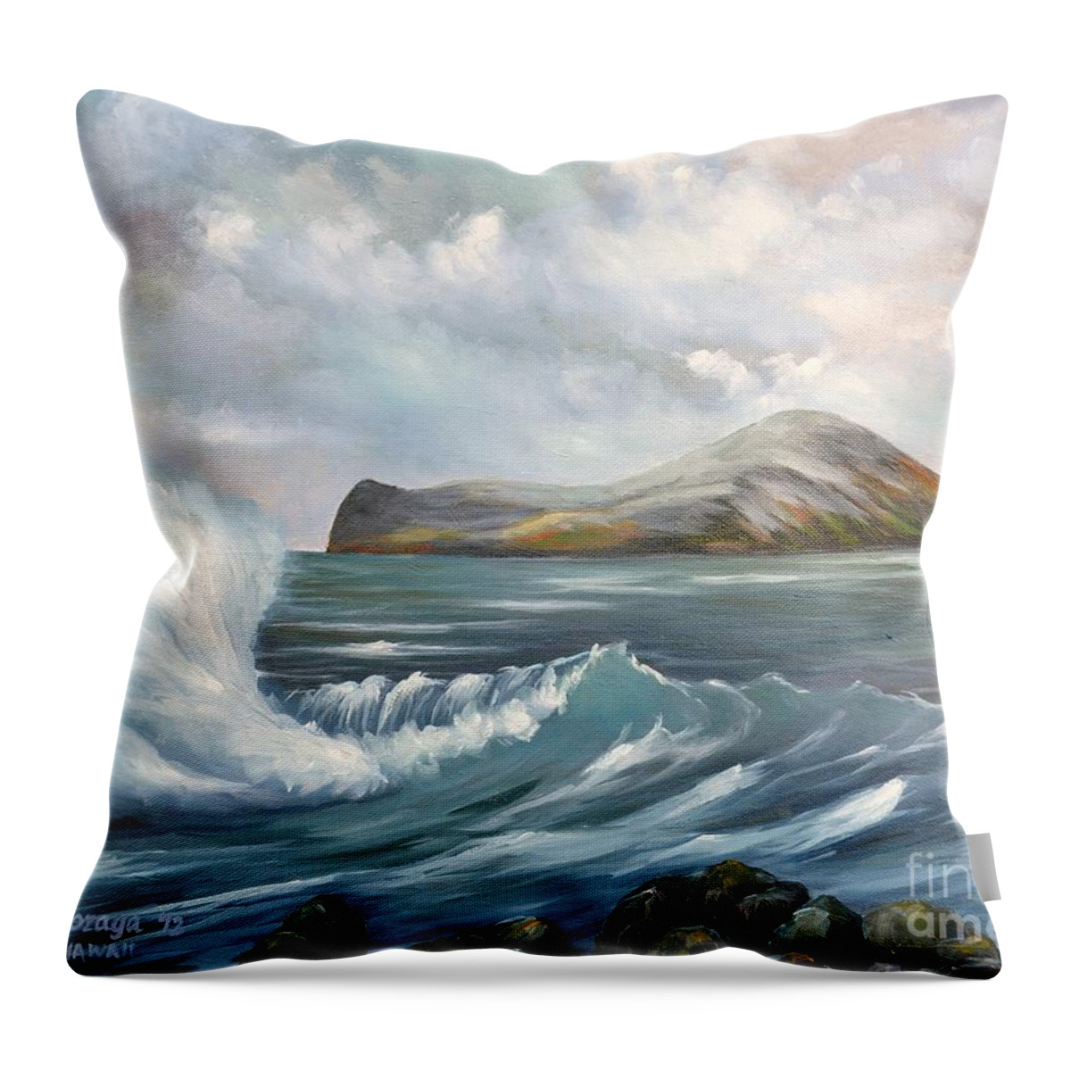 Seascape Throw Pillow featuring the painting The Rabbit Island by Larry Geyrozaga