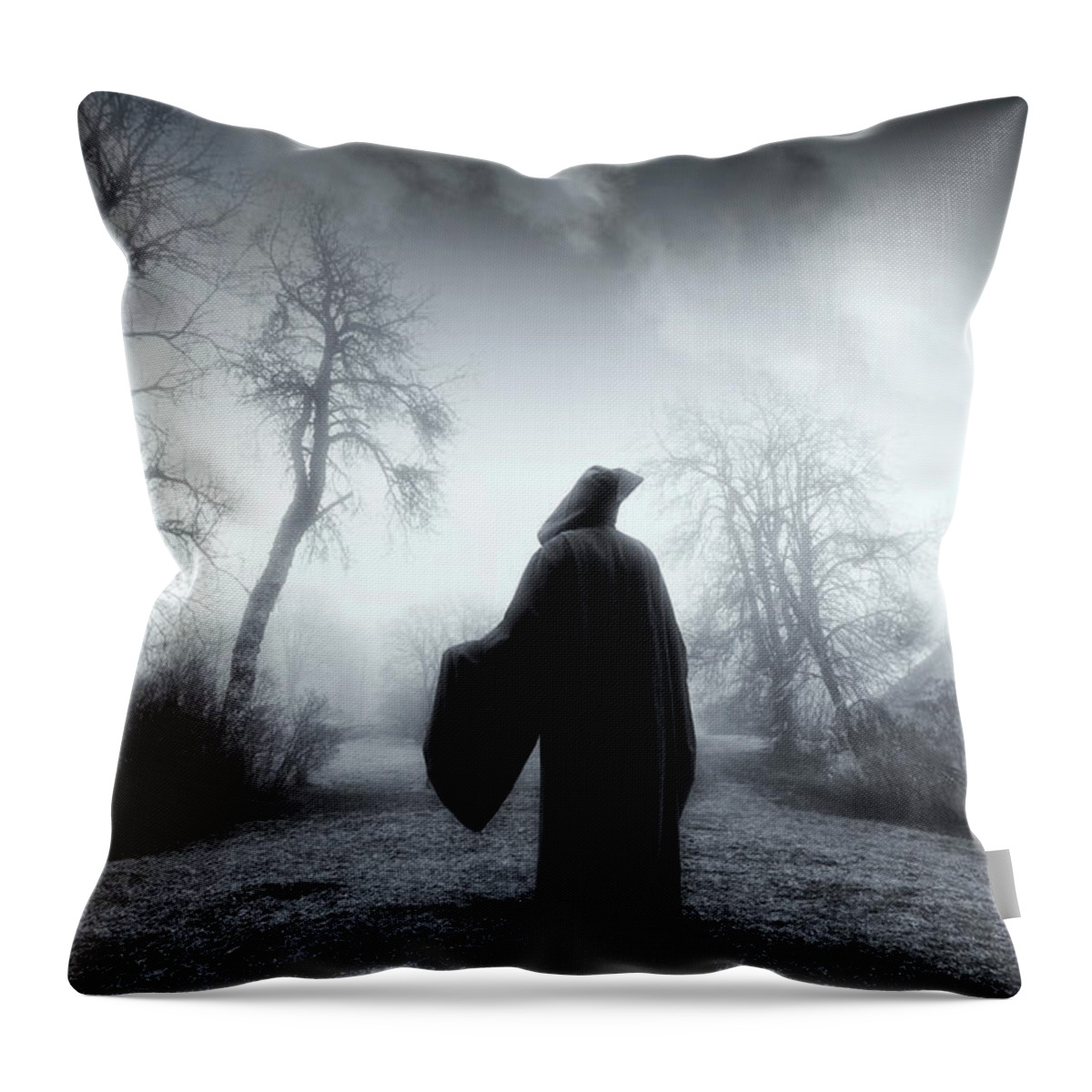 Reaper Throw Pillow featuring the photograph The Reaper Moving Through Mist And Fog by Christian Lagereek