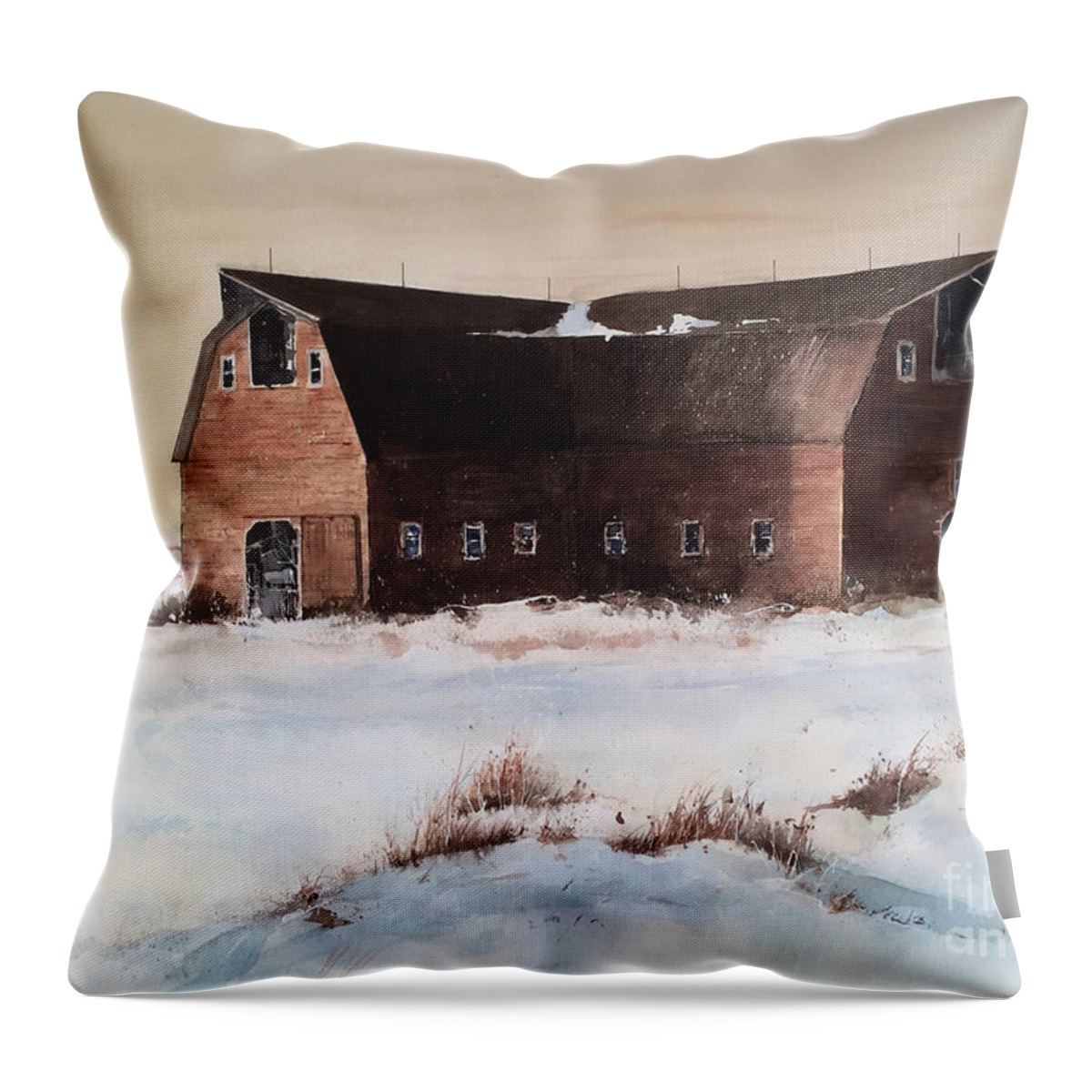 A Large Barn Sets In The Snow Covered Fields Of North Dakota. Throw Pillow featuring the painting The Red Barn by Monte Toon