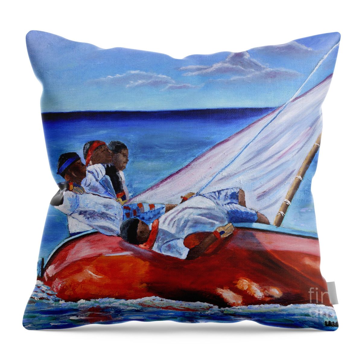 Red Sail Boat Throw Pillow featuring the painting The Red Boat by Laura Forde