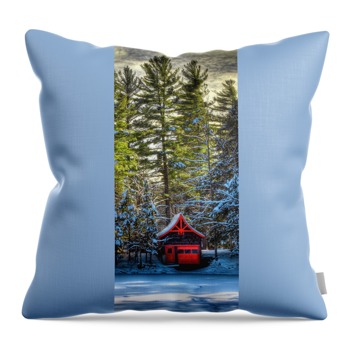 The Red Boathouse In Old Forge 2 Throw Pillow featuring the photograph The Red Boathouse in Old Forge 2 by David Patterson