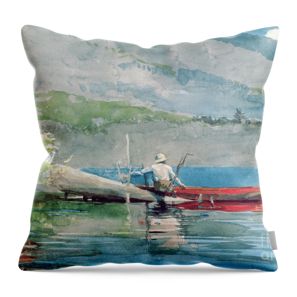 The Red Canoe Throw Pillow featuring the painting The Red Canoe by Winslow Homer