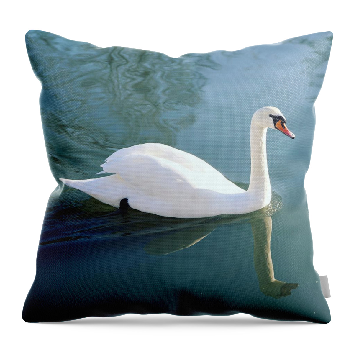 Bird Swan Wildlife Waterfront Water Reflection Outdoors Nature Landscape Norway Scandinavia Europe Outdoors Throw Pillow featuring the digital art The Reflection of a Swan by Jeanette Rode Dybdahl