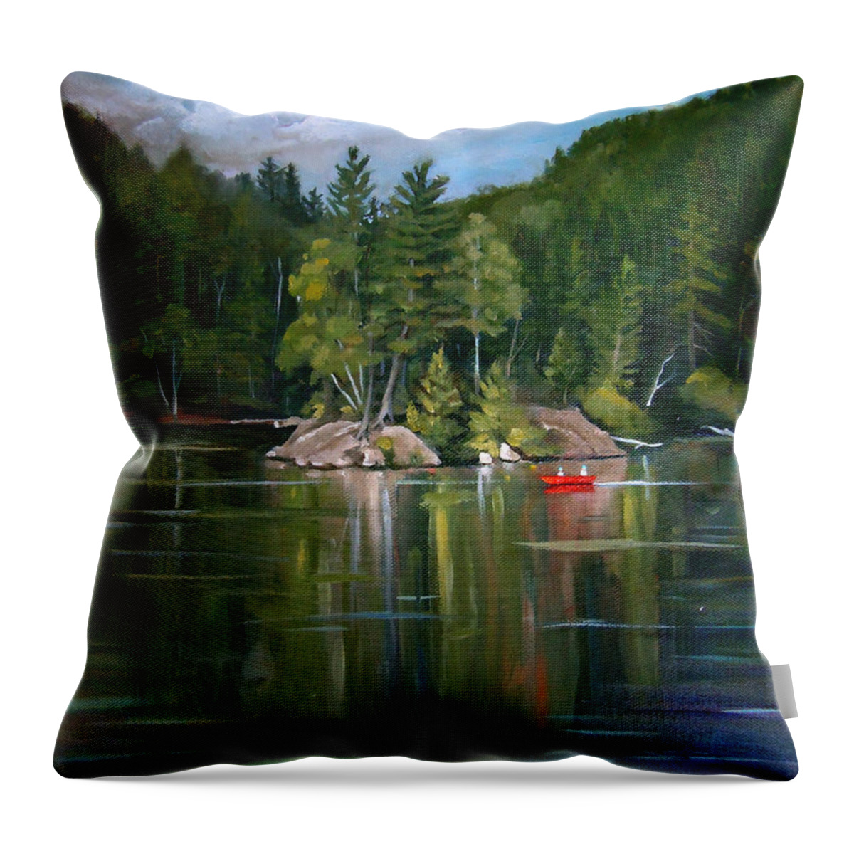 White Mountain Art Throw Pillow featuring the painting The Rock On Mirror in Woodstock New Hampshire by Nancy Griswold