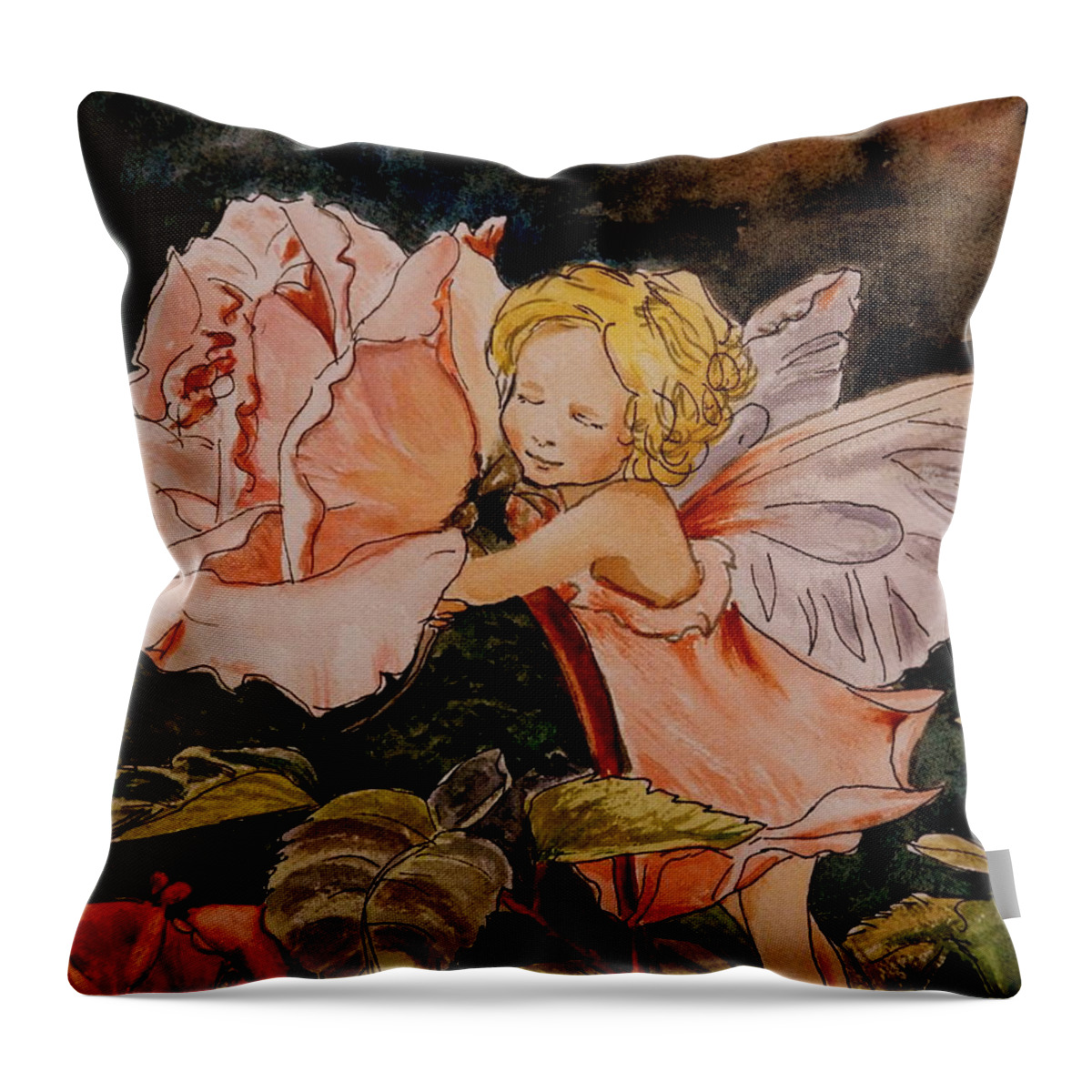 Roses Throw Pillow featuring the painting The Rose Fairy After Cicely Mary Barker by Betty-Anne McDonald