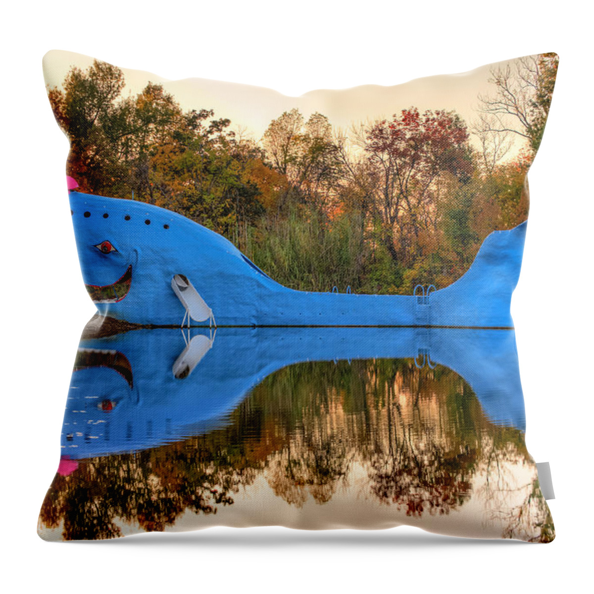 Catoosa Blue Whale Throw Pillow featuring the photograph The Route 66 Blue Whale - Catoosa Oklahoma by Gregory Ballos