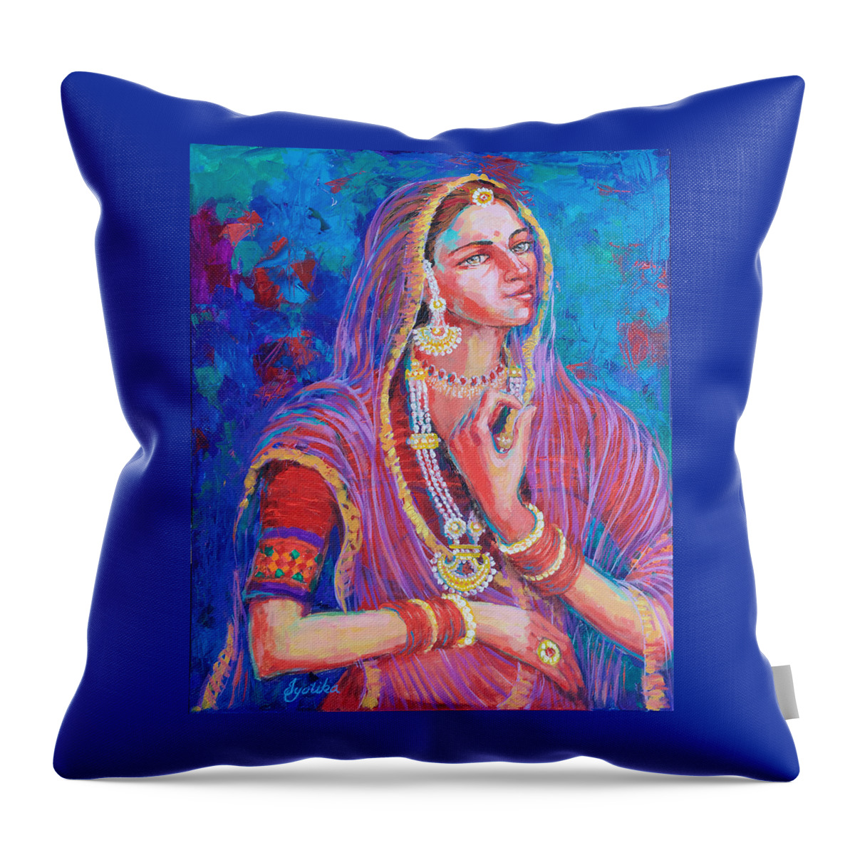 Royal Throw Pillow featuring the painting The Royal Beauty of Rajasthan by Jyotika Shroff