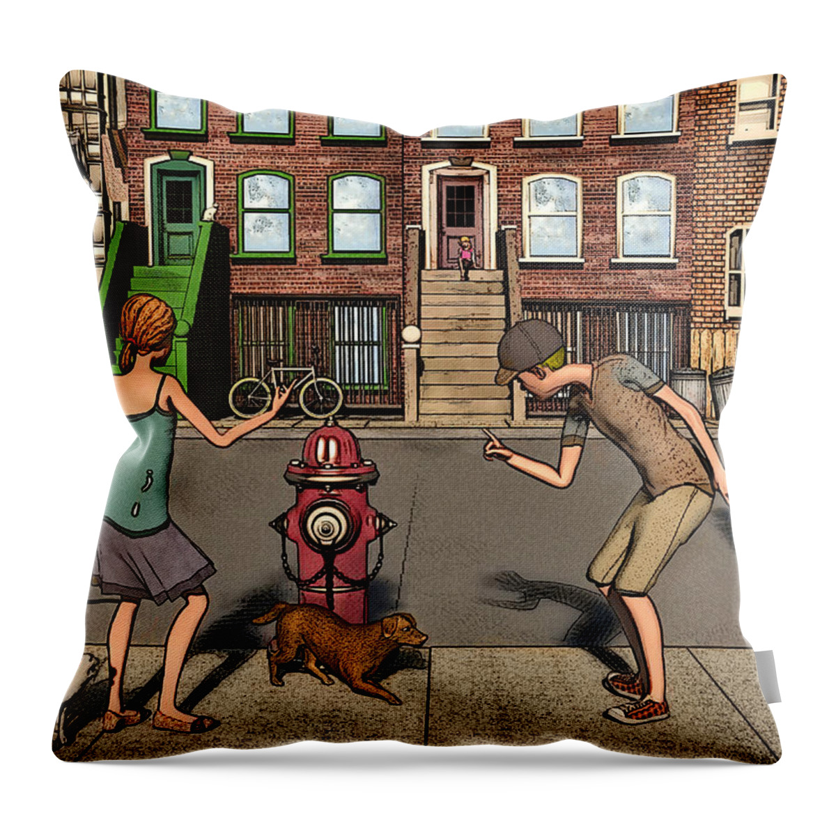 Tenement Throw Pillow featuring the digital art The Scolding or aka When a Dog's Gotta Go by Ken Morris