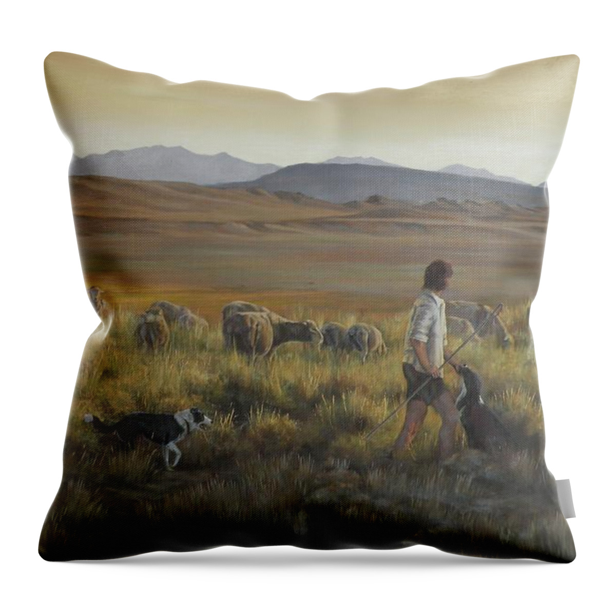 Sheep Herders Throw Pillow featuring the painting The shepherdess by Mia DeLode