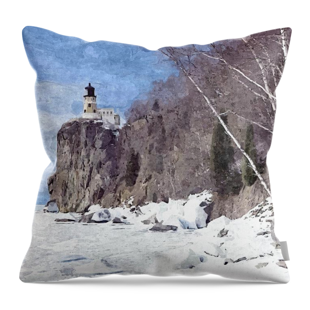 Shoreline Lighthouse Throw Pillow featuring the painting The Shoreline Lighthouse by Maciek Froncisz